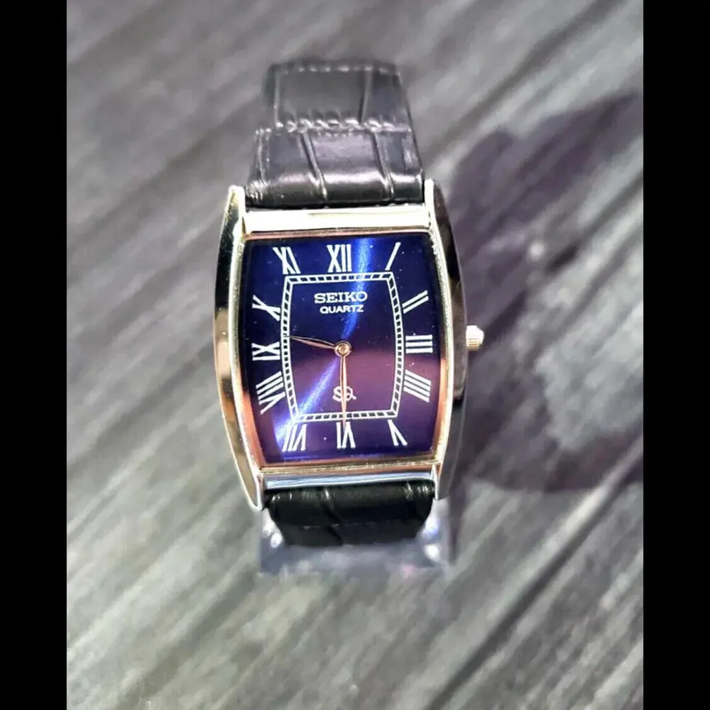 RARE Mens  Slim Seiko Tank Barrel Blue Satin Roman Dial Watch New‎ Mvt & Batt 🌟